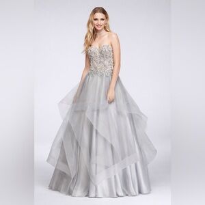 Appliqued Illusion Ball Gown with Ruffled Skirt